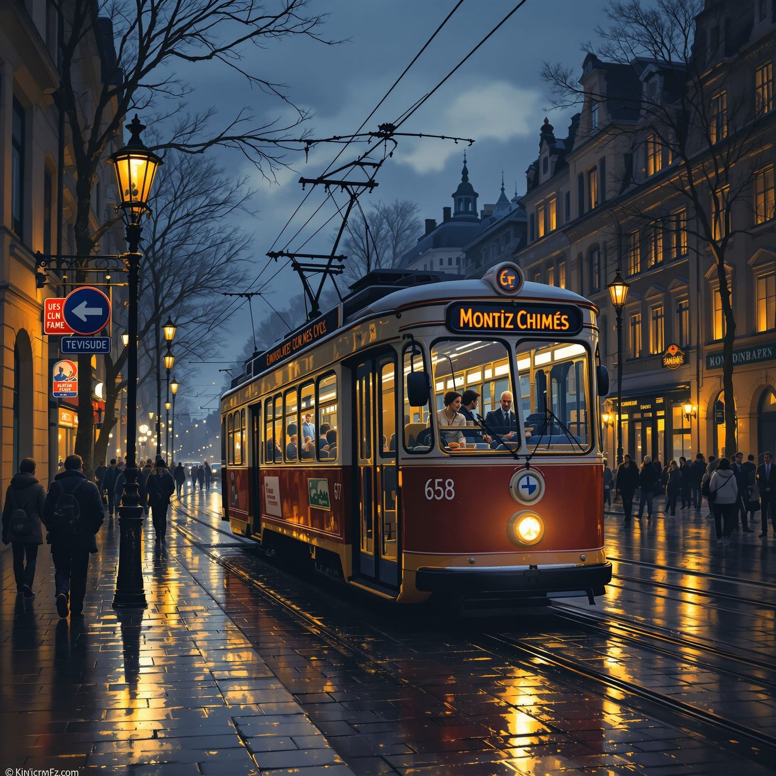 Vintage Trolleybus in Dusk Cityscape