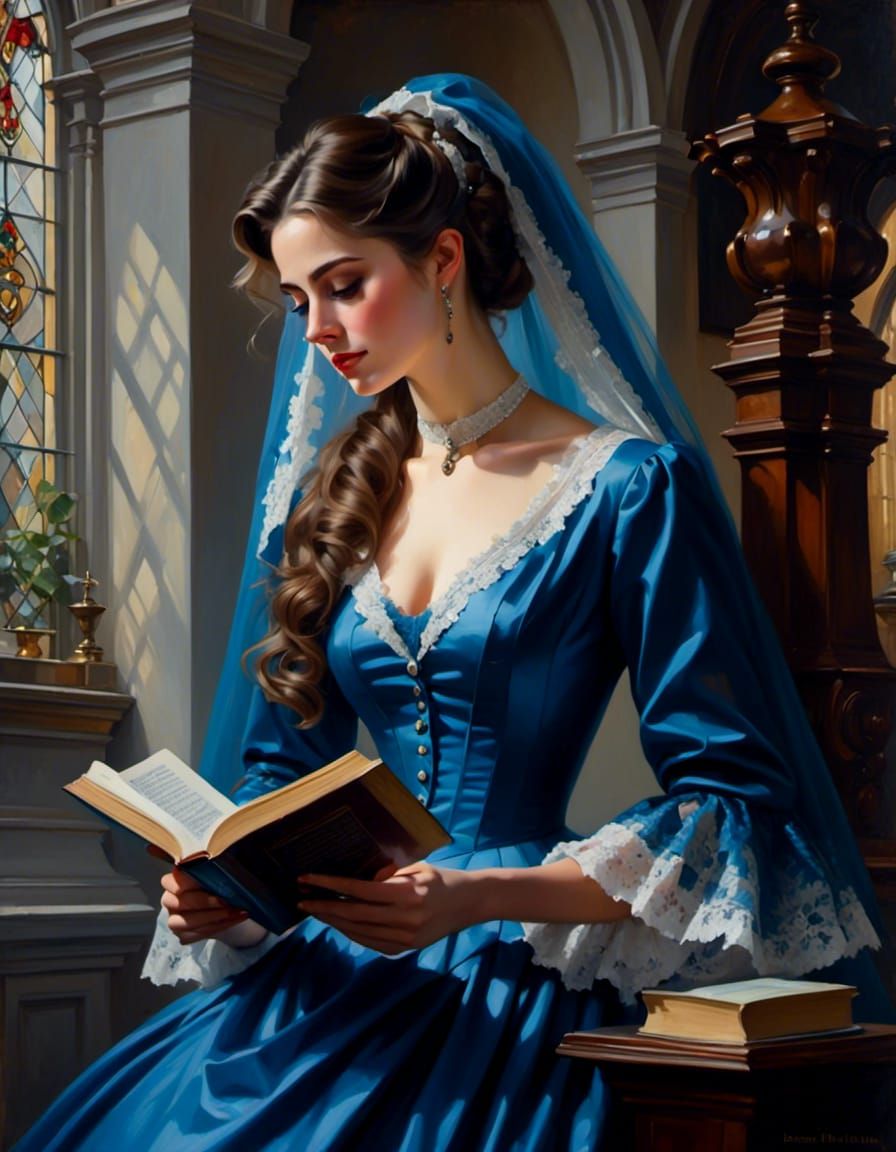 Victorian Woman Reading Bible in Catholic Church