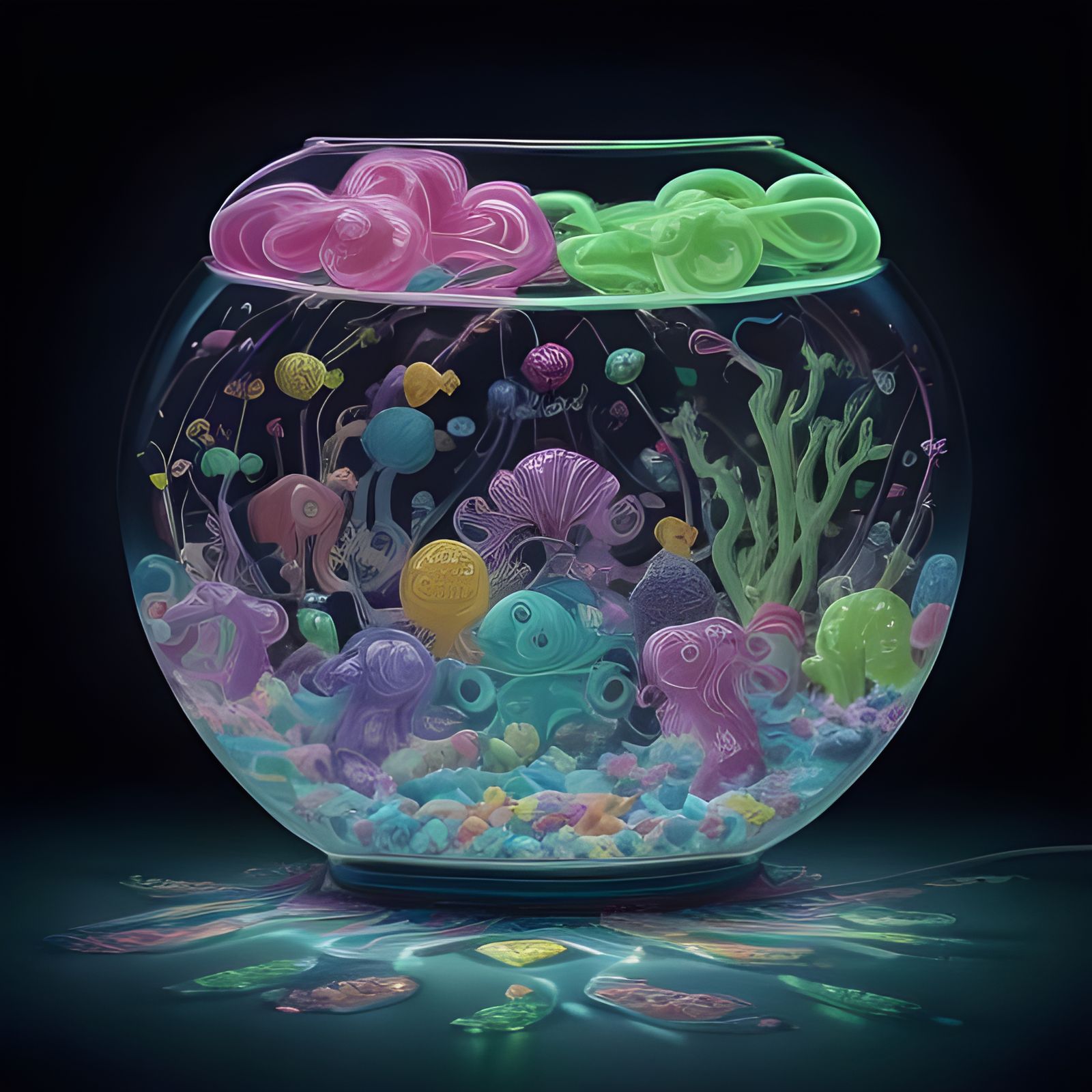 fishbowl filled with vibrant glowing Bioluminescent creatures