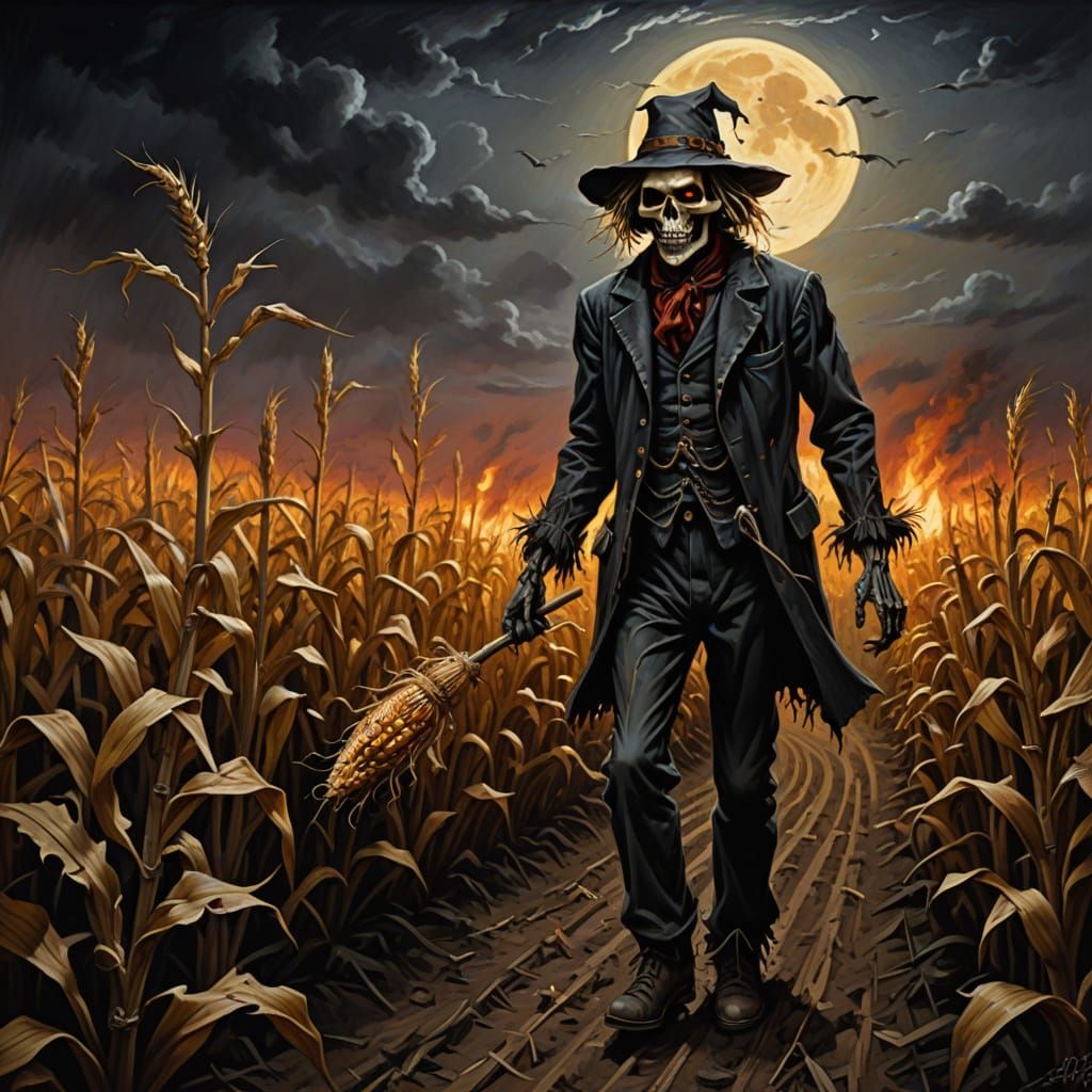 Sinister Scarecrow Harvests Demonic Corn in Dark Fantasy Art