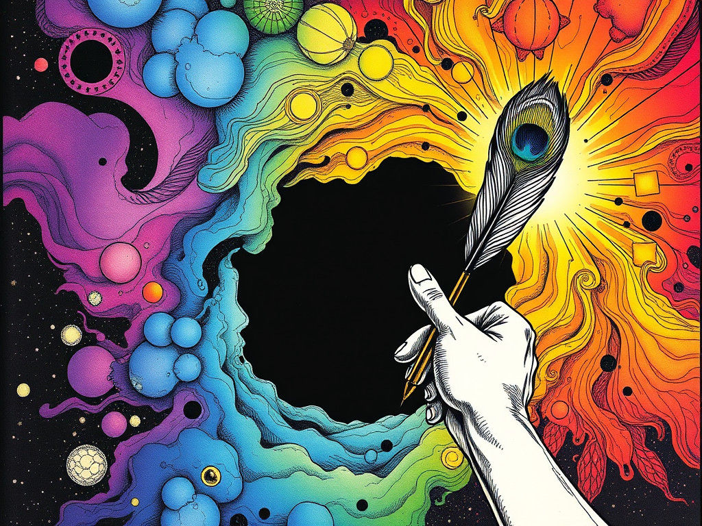 (Hand Of God reaching out from a black hole to doodle with a peacock feather quill pen in an ink line drawing doodling a...
