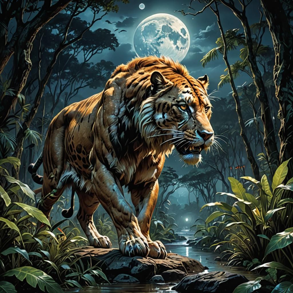 Smilodon Stalking Prey in Prehistoric Jungle