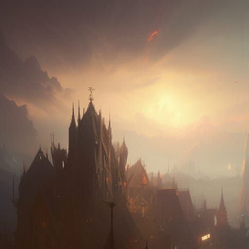 Dark Fantasy Landscape Art in Purple and Yellow