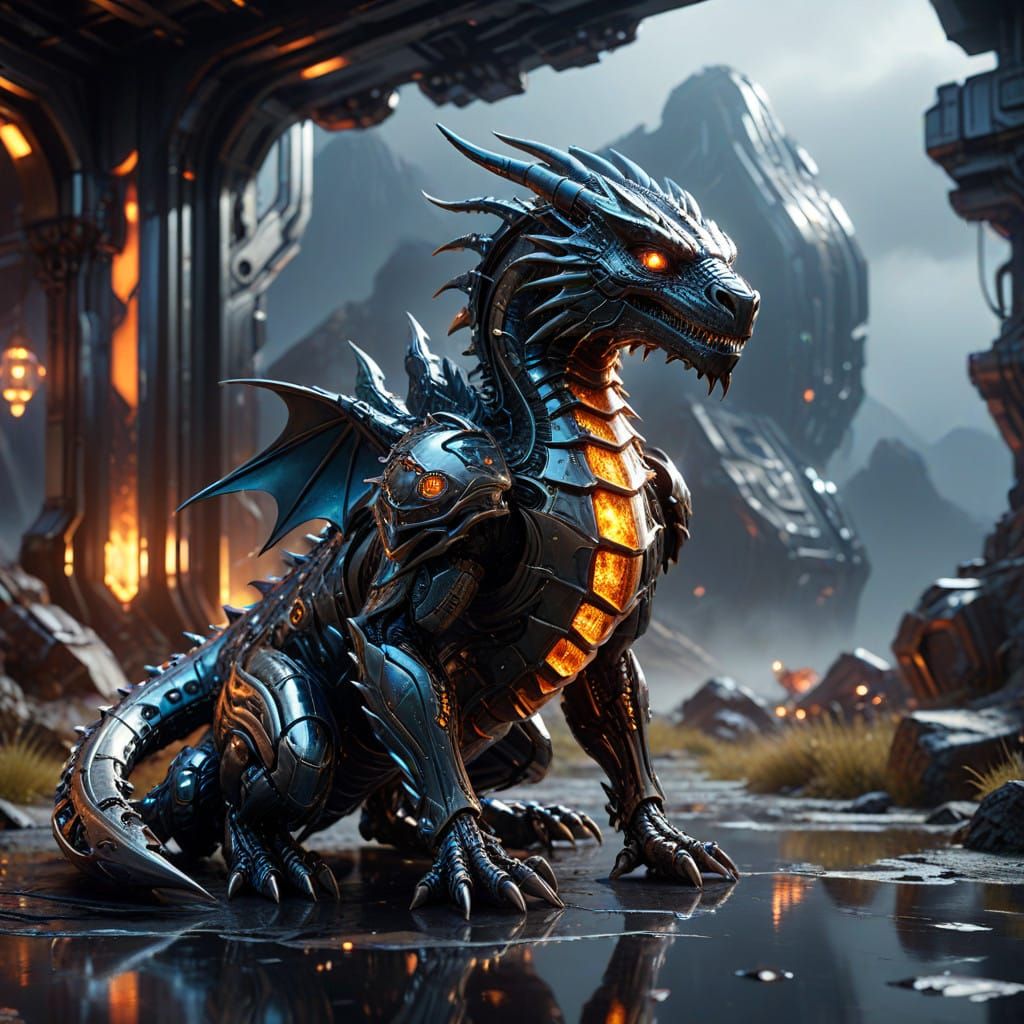 Majestic Tiny Dragon with Glowing Scales and Metallic Surfac...