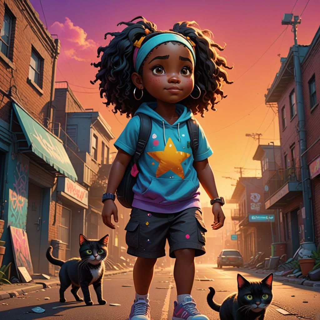 Graffiti Girl Plays with Kitties in Vibrant Street Art