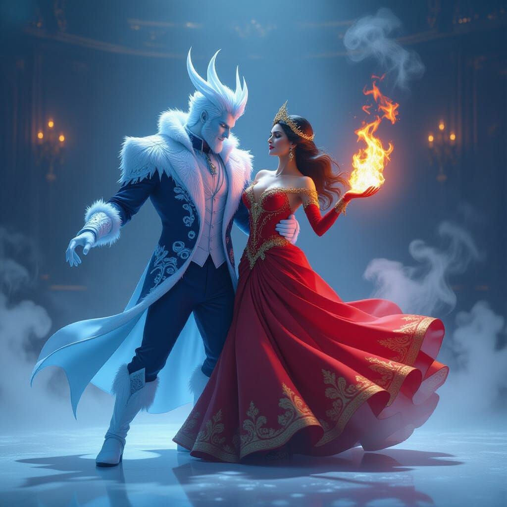 Ice God and Fire Goddess Waltz in Futuristic Ballroom