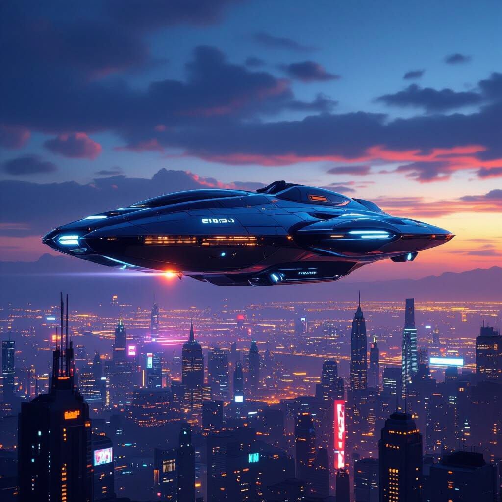 Futuristic Flying Ship Over Cyberpunk City at Twilight