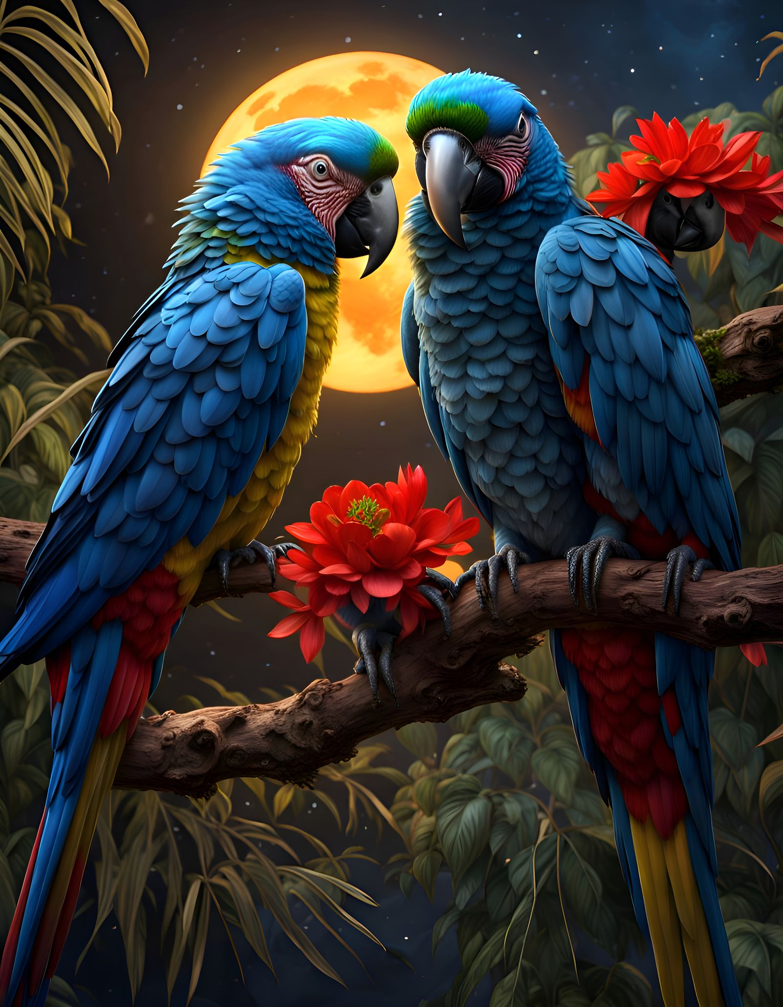 Parrot Couples Admire Earth's Moon: Matte Painting