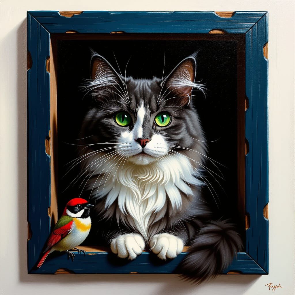 Hyper-Realistic Blue Russian Cat Painting with Bird