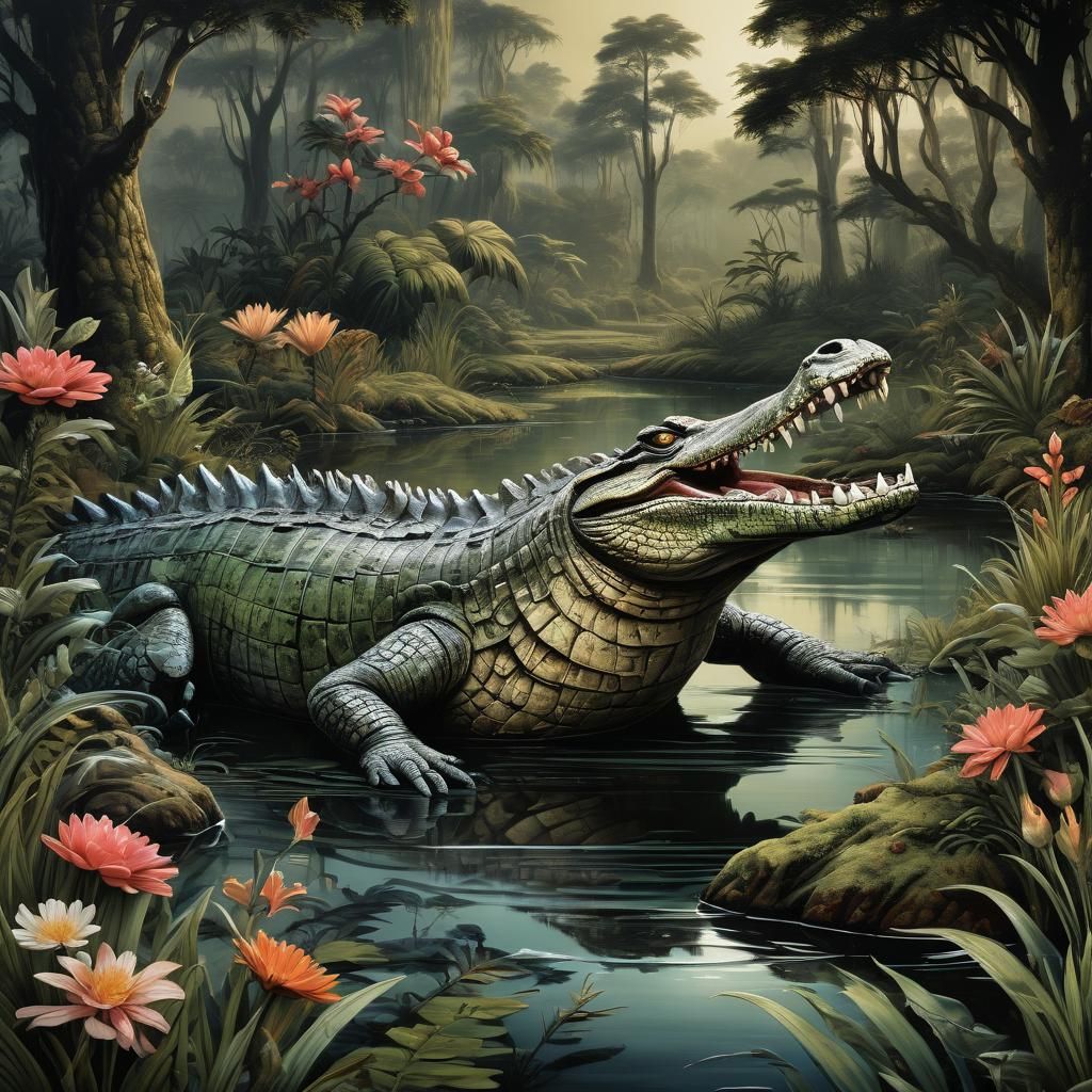 Crocodile with Fish in Mouth: Detailed Swamp Painting