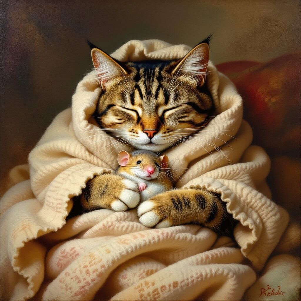 Cat and Mouse Friends Sleeping Peacefully in Oil Painting