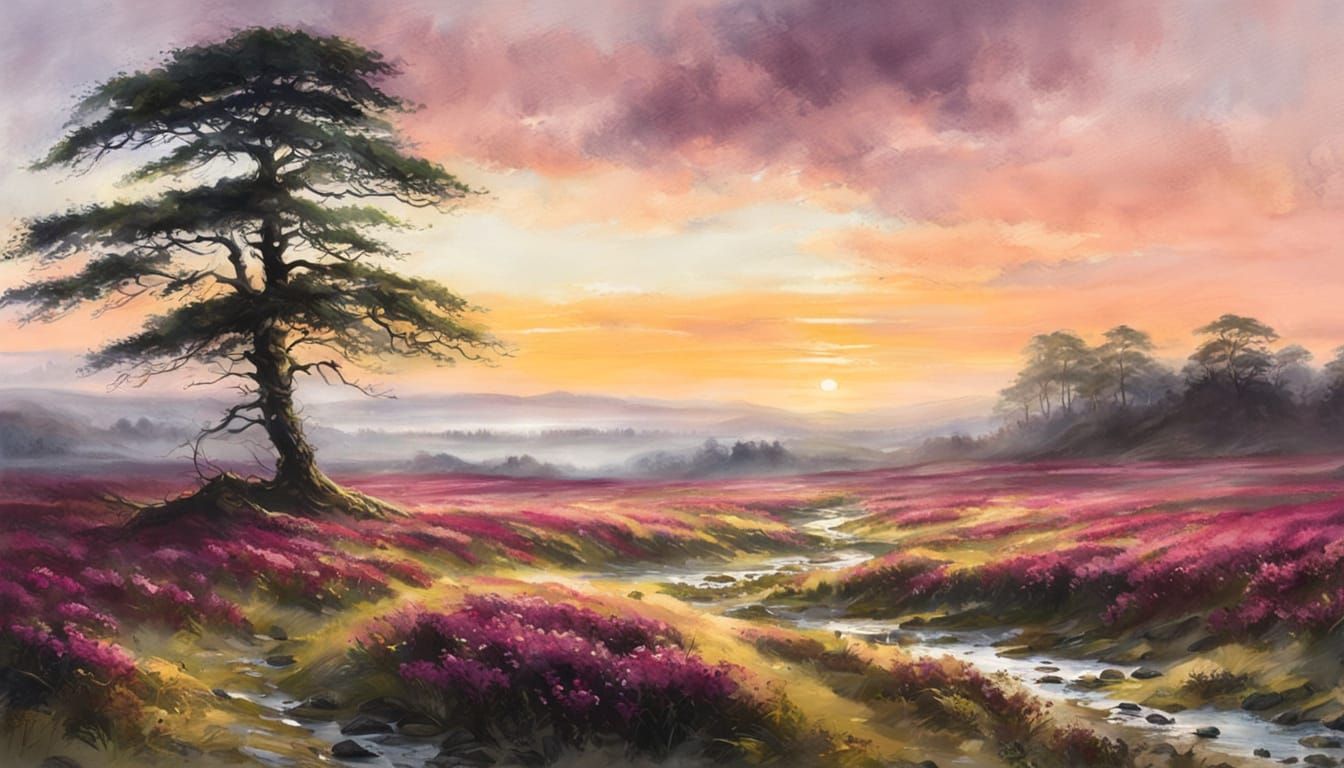 Misty Sunrise Over Irish Moor in Pastel
