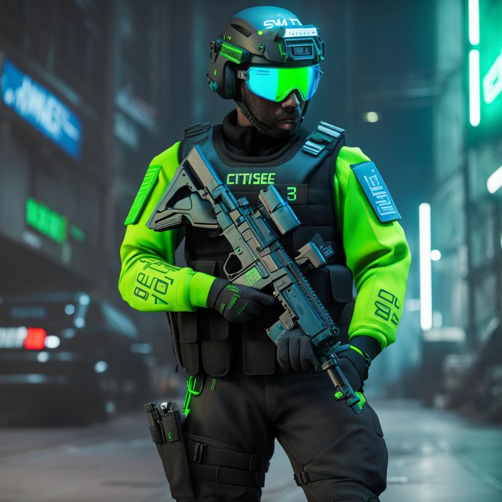Cyberpunk SWAT Officer in Fluorescent Green Helmet