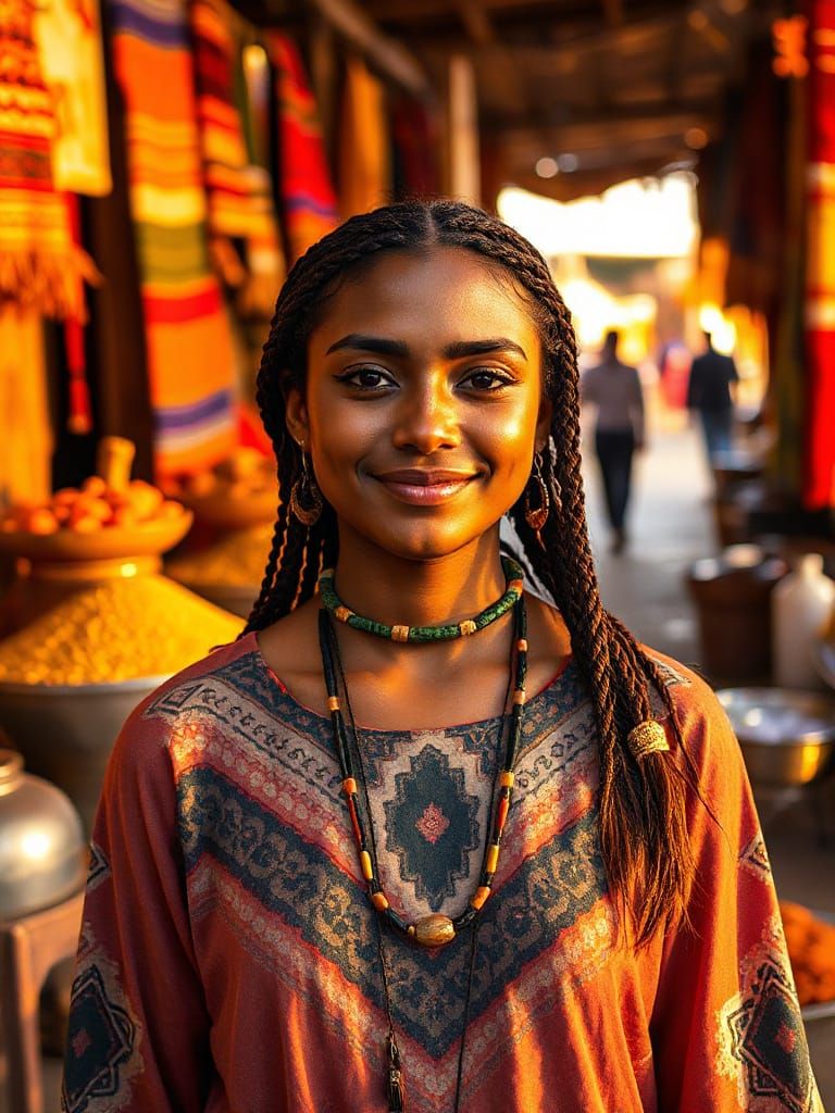 Warm Smile in Vibrant Marketplace, Photorealistic Portrait