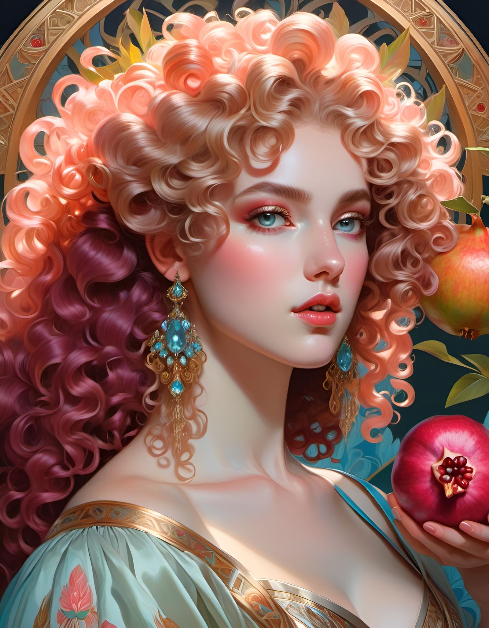 Detailed Persephone Portrait in Hades with Pomegranate