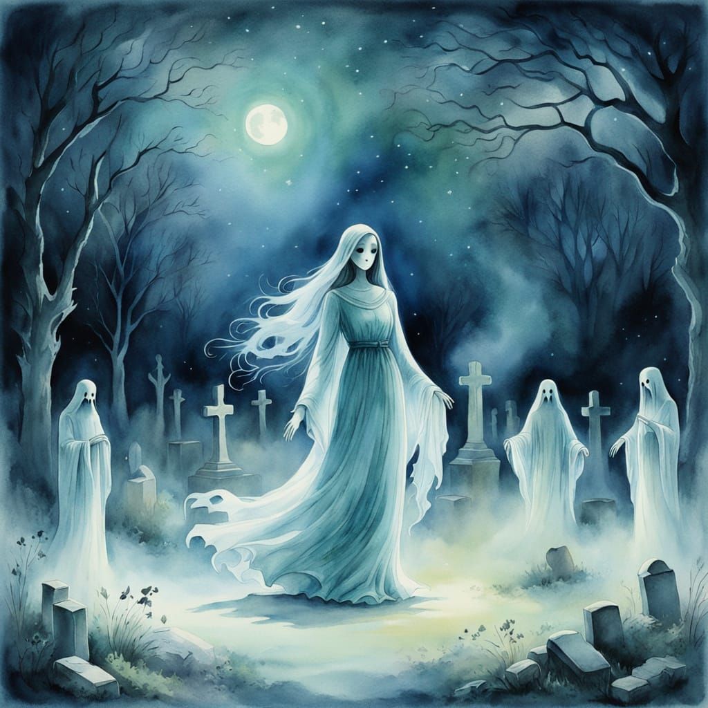 Ethereal Ghostly Gathering in a Moonlit Cemetery