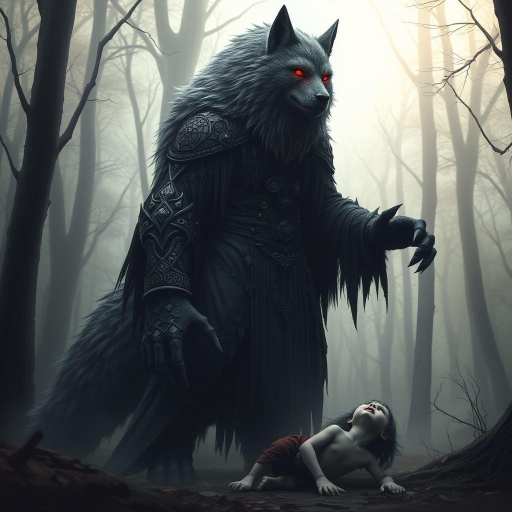 Glowing Wolf-Like Creature Emerges from Misty Forest in Dark...