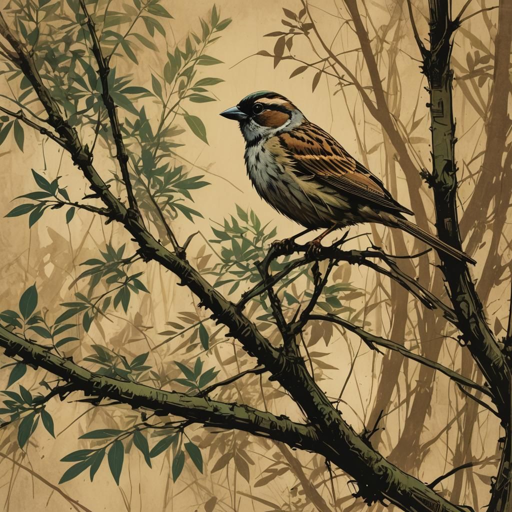 Sparrow in Forest Glade: Sepia Pen and Ink Sketch