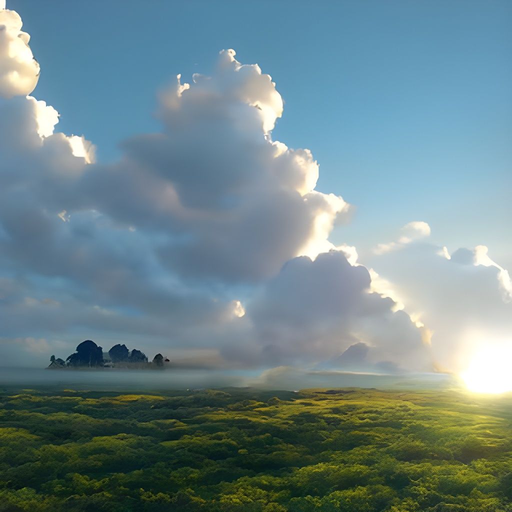 Ethereal Misty Meadow at Sunrise with Puffy Clouds