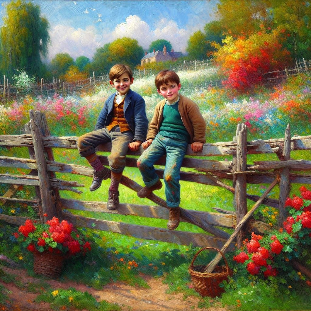 Boys on Fence: Neo-Impressionist Oil Painting