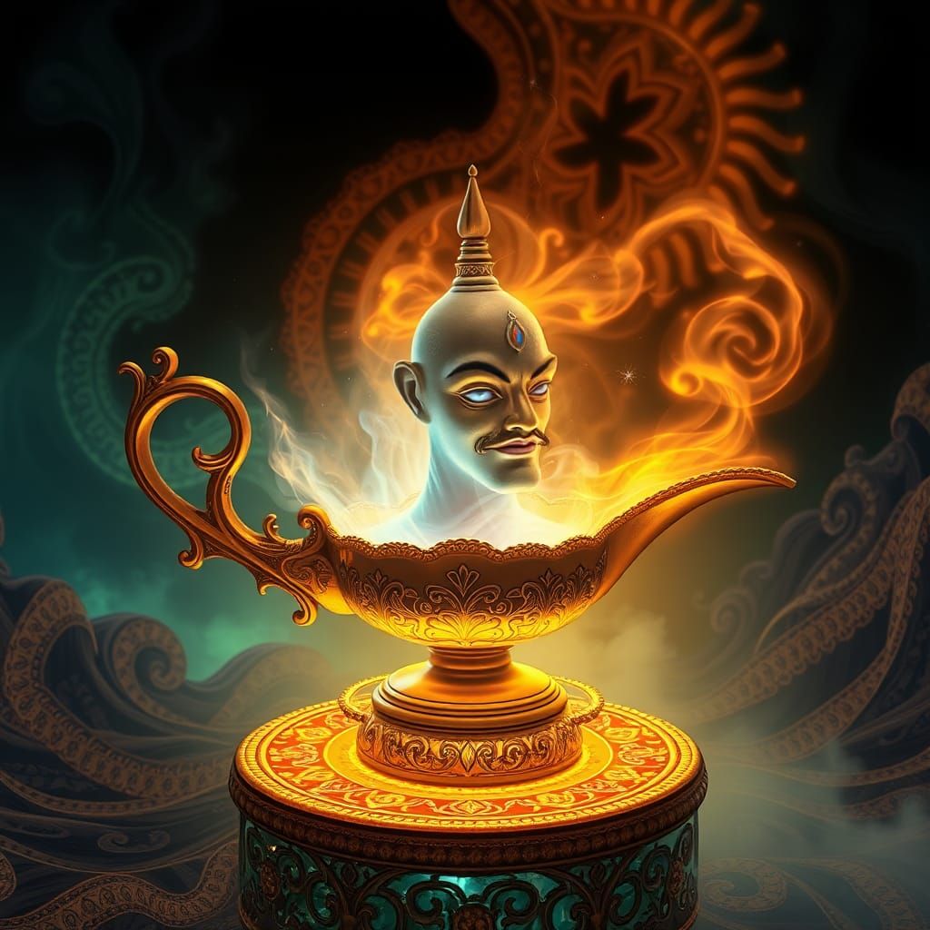 Aladdin's Lamp with Psychedelic Genie in Surreal Landscape