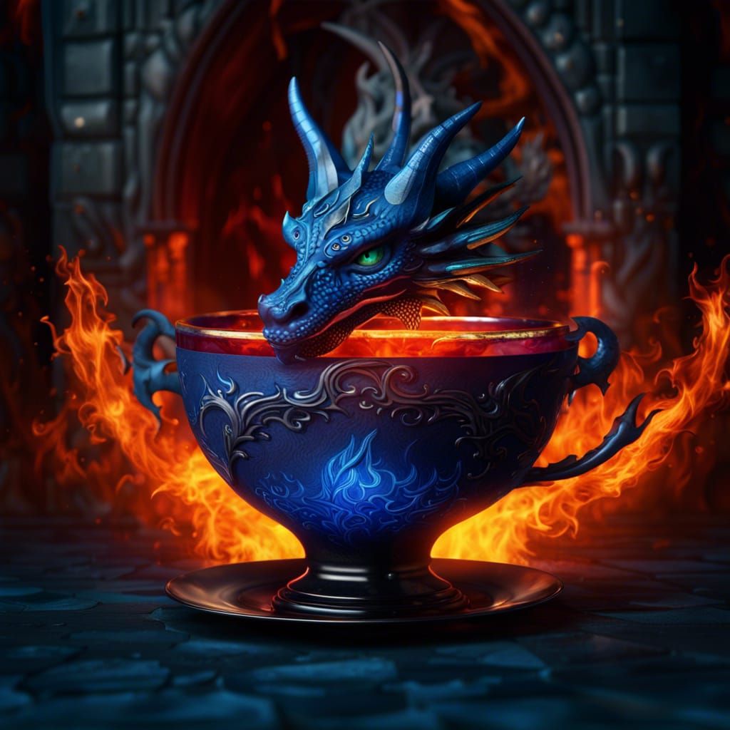Medieval Dragon Sipped by Phoenix in Fiery Teacup
