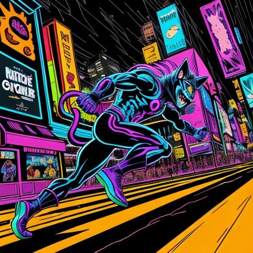 Psychedelic Ninja Cat in Neon City, Pop Art