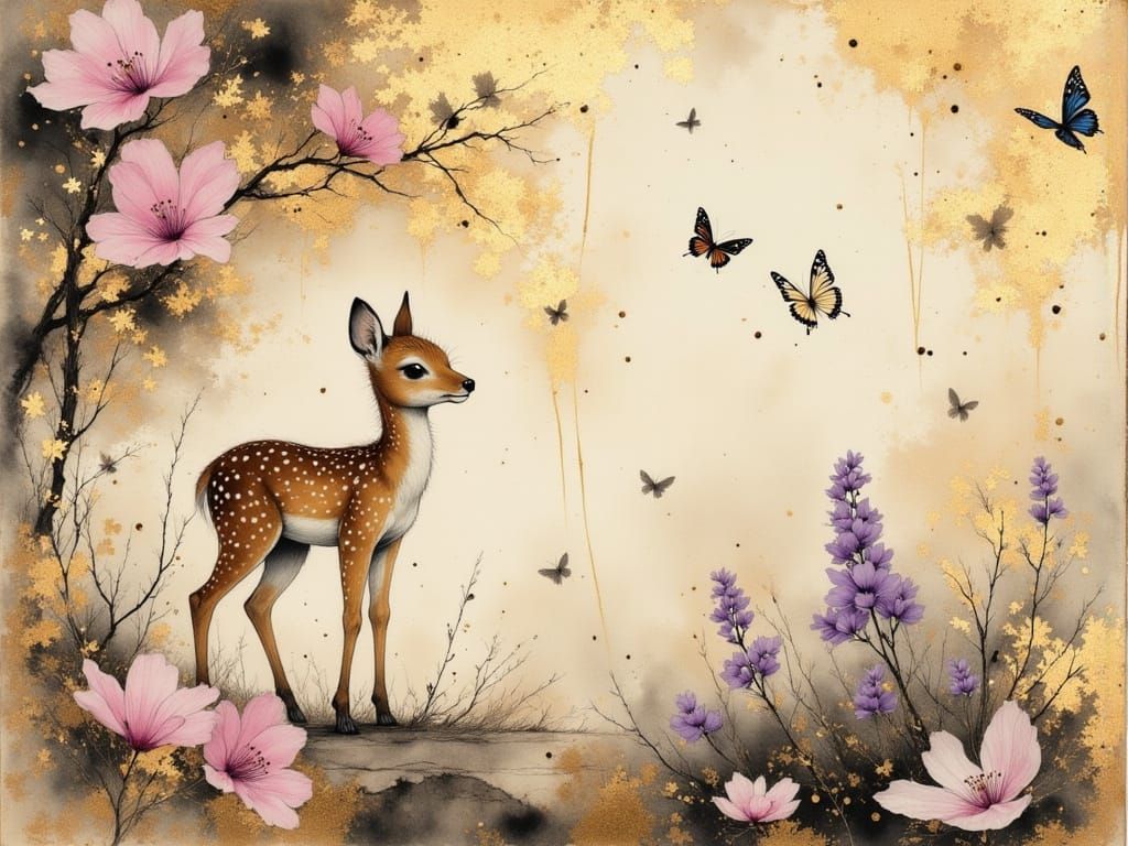 Fawn in Japanese Mokuhanga Style with Butterflies