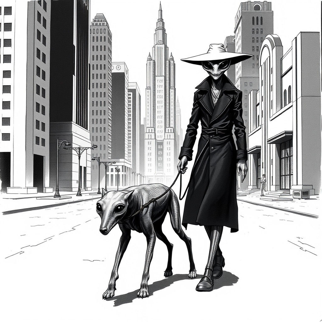 Ethereal Alien Stroll in a Futuristic Black and White Metrop...