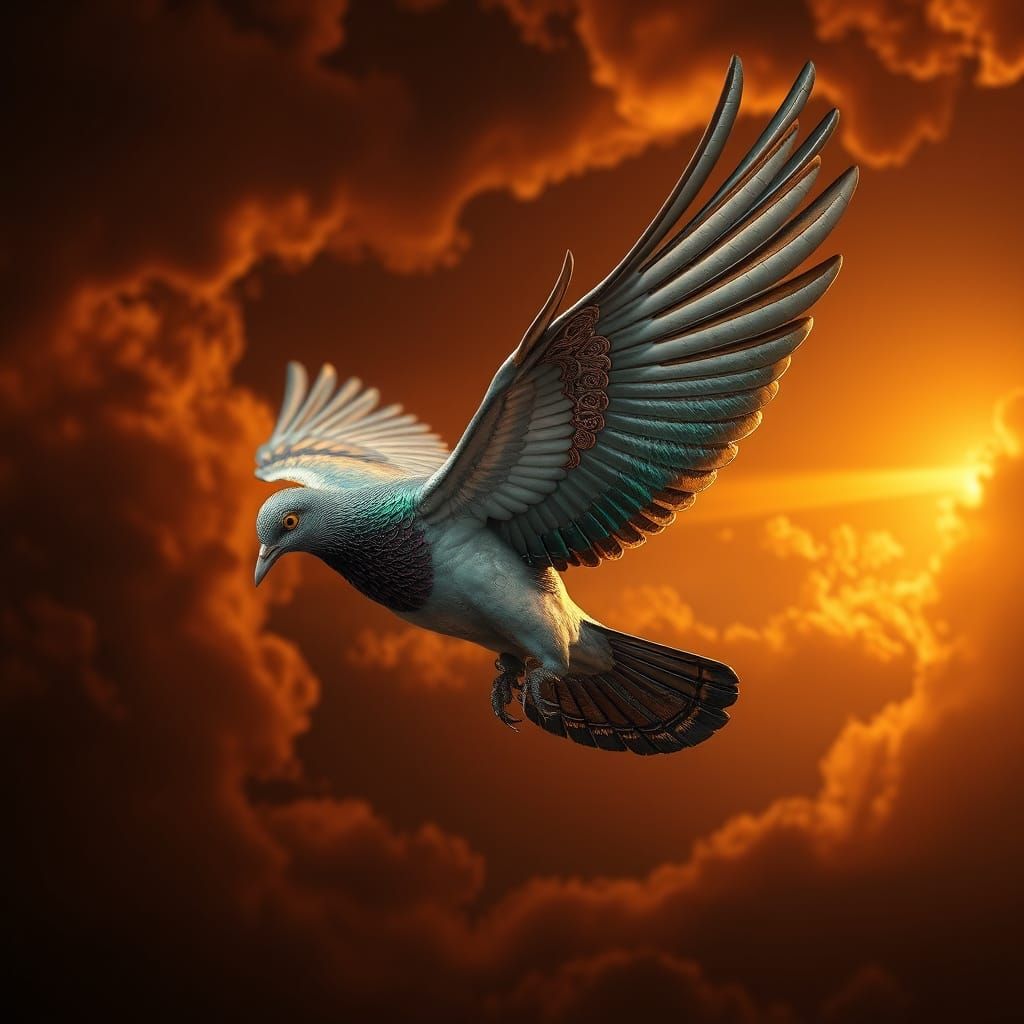 Majestic Metal Pigeon in Ethereal Flight
