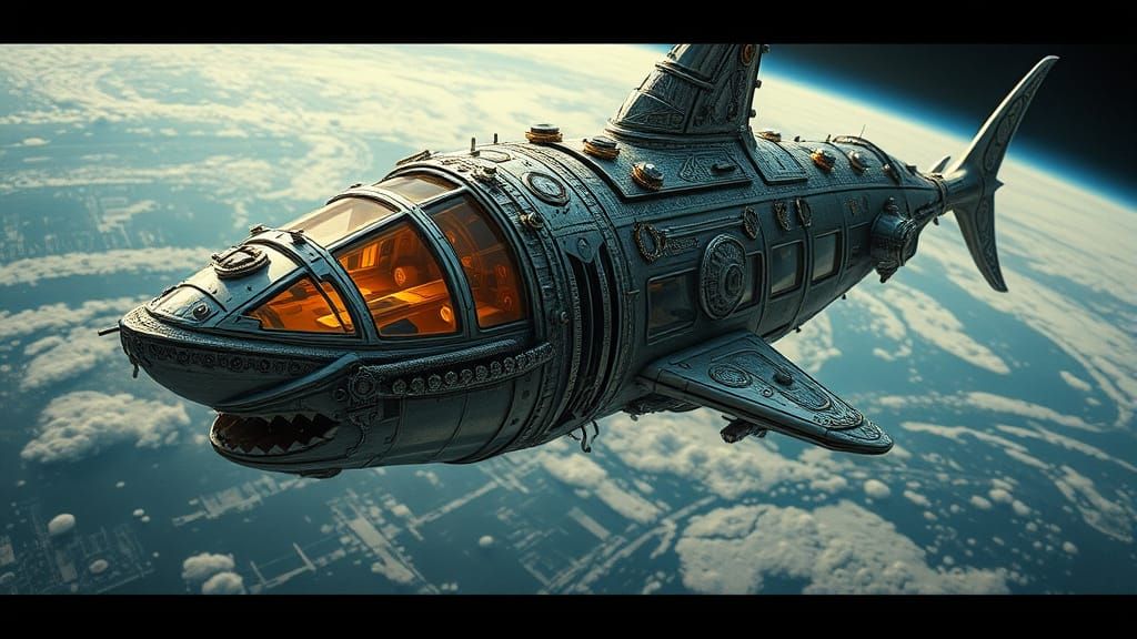 Steampunk Shark Spaceship Orbits Earth in Cinematic Style