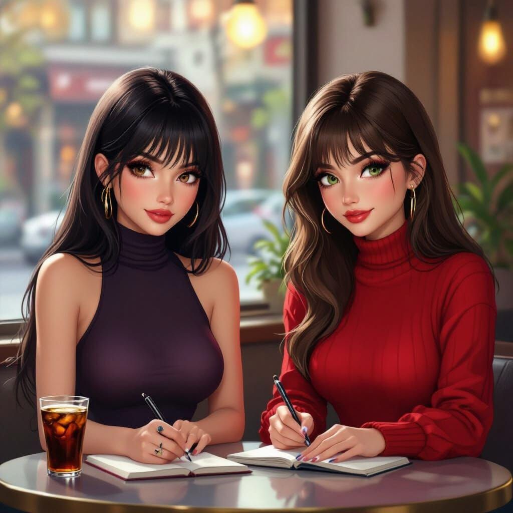 Hyperrealistic Cartoon Women Writing in Cafe