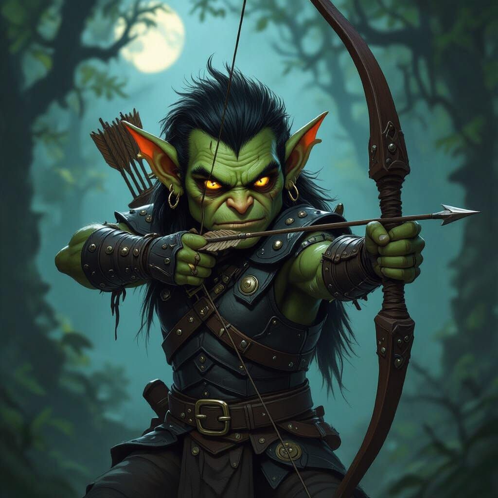 D&D Goblin Warrior in Moonlit Forest with Bow