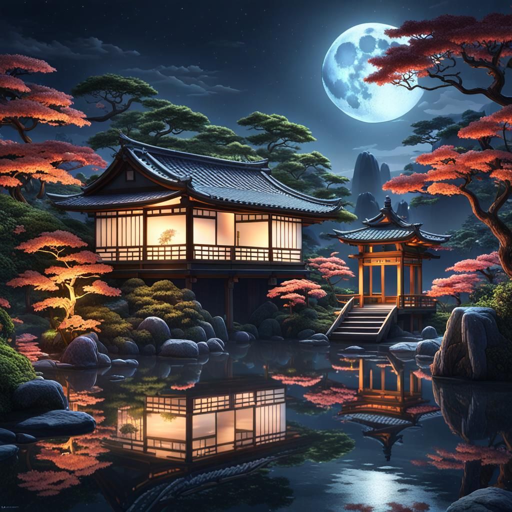 Dreamlike Japanese Garden Architecture at Night