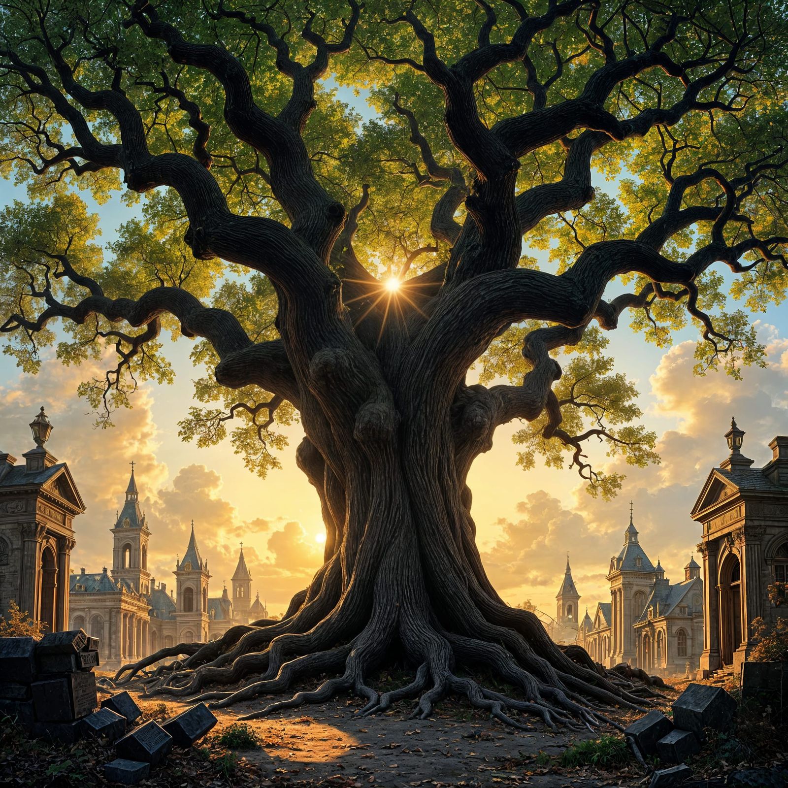 Colossal Ancient Oak Over Baroque City Ruins