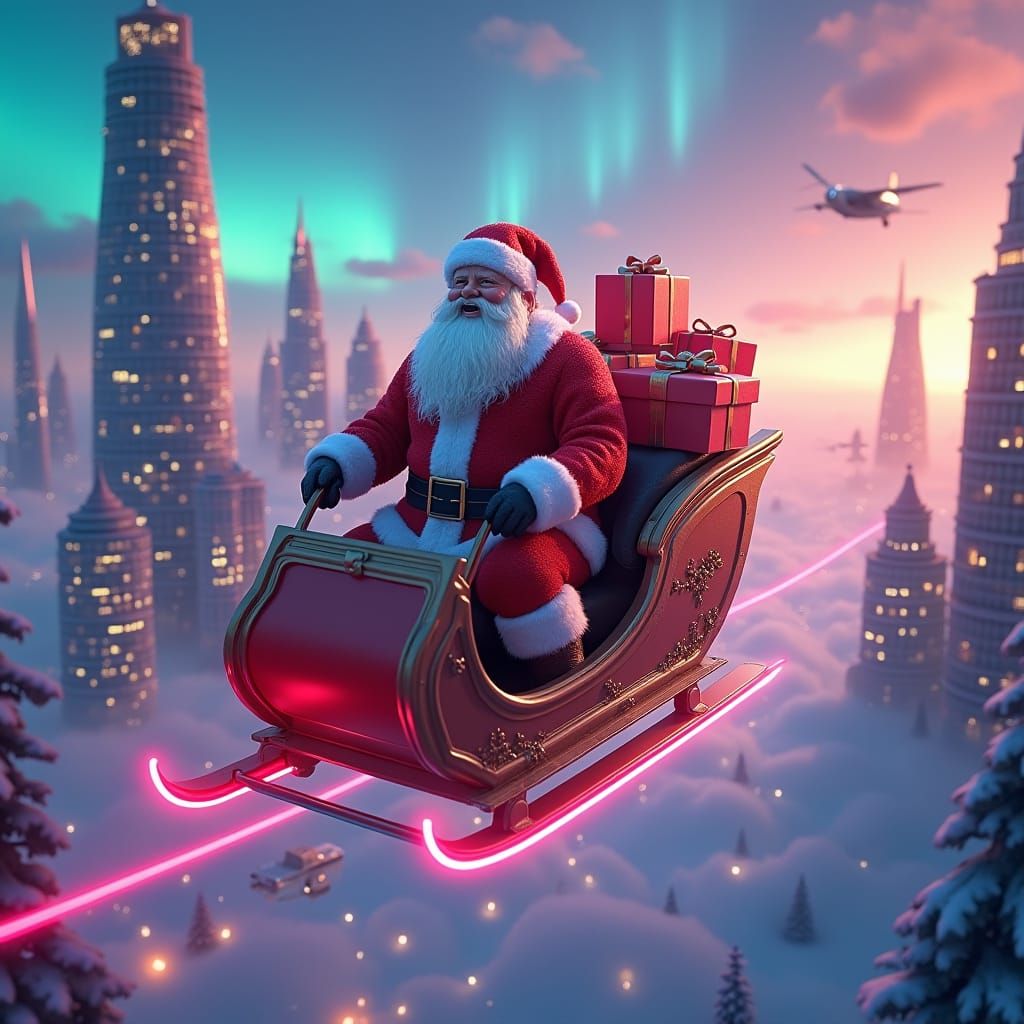 Santa Delivers Gifts in Futuristic Neon Cityscape