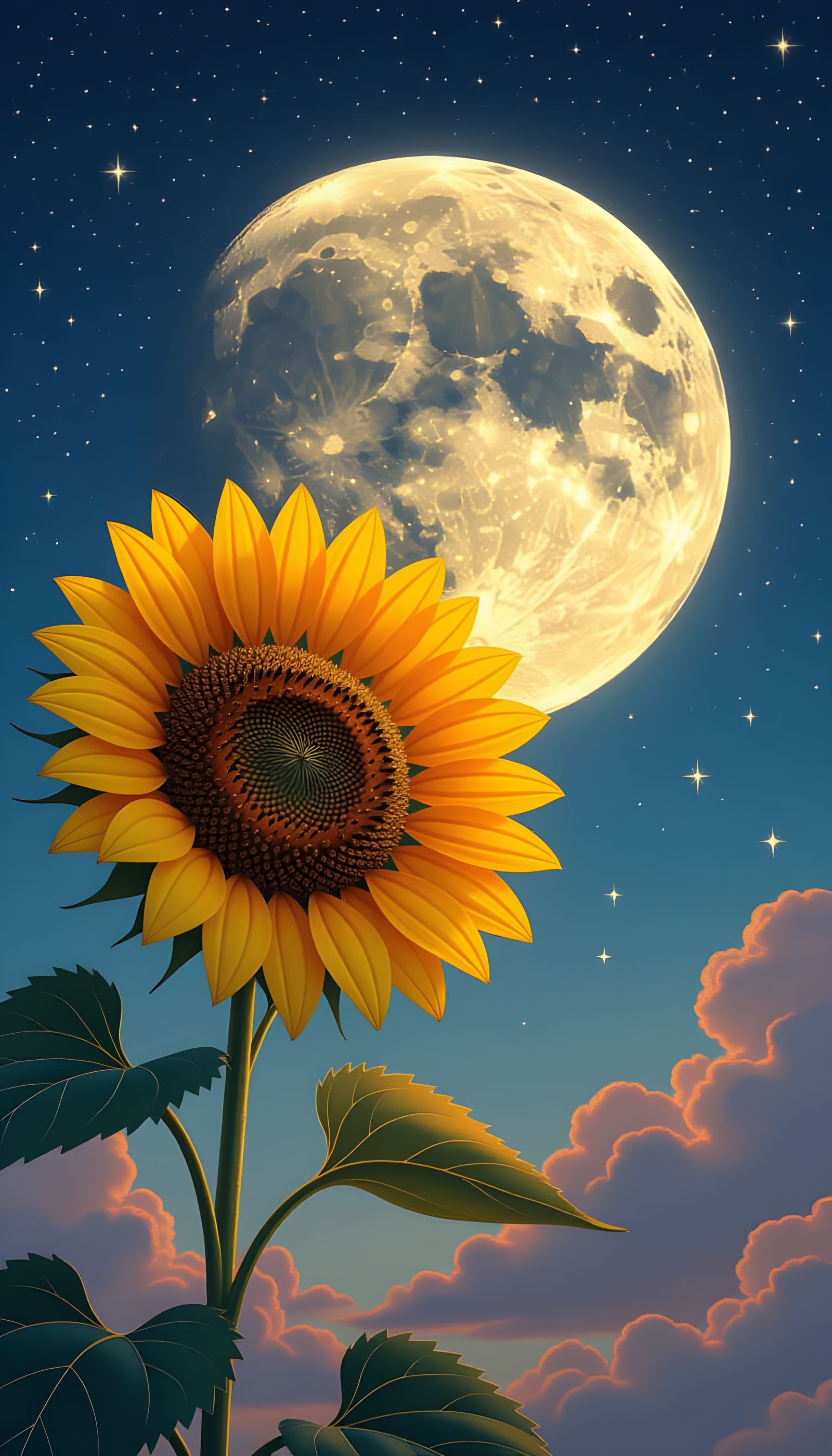 Sunflower and Half-Moon in Starry Night Sky