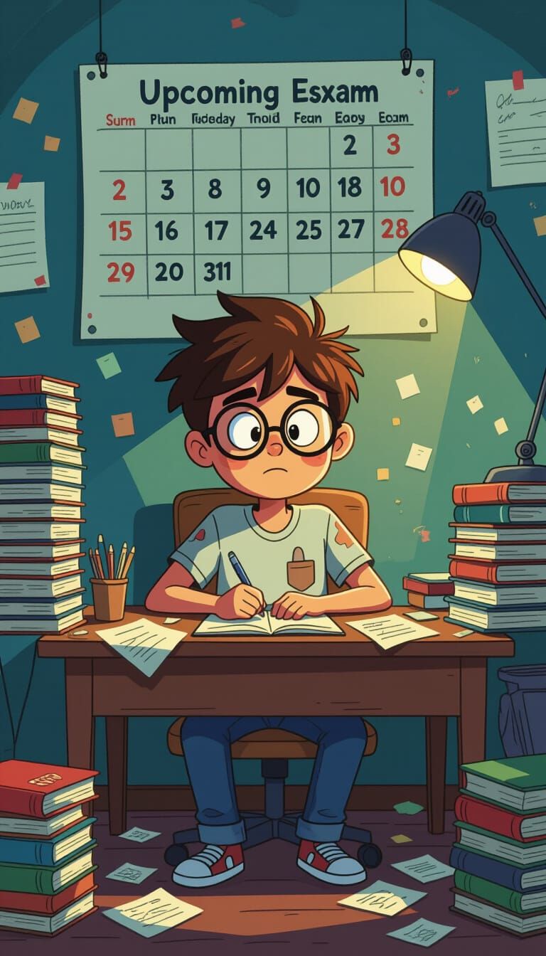 Cartoon Boy Studying in Dimly Lit Room