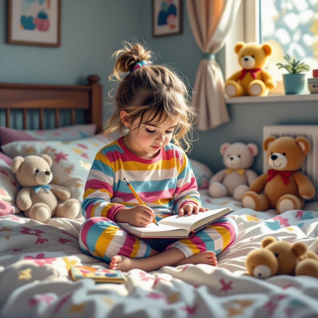 Girl Writing in Diary with Stuffed Animals