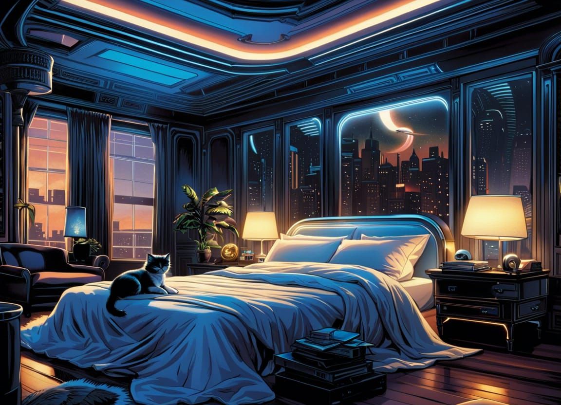 Futuristic Bedroom with Kittens in Comic Book Art