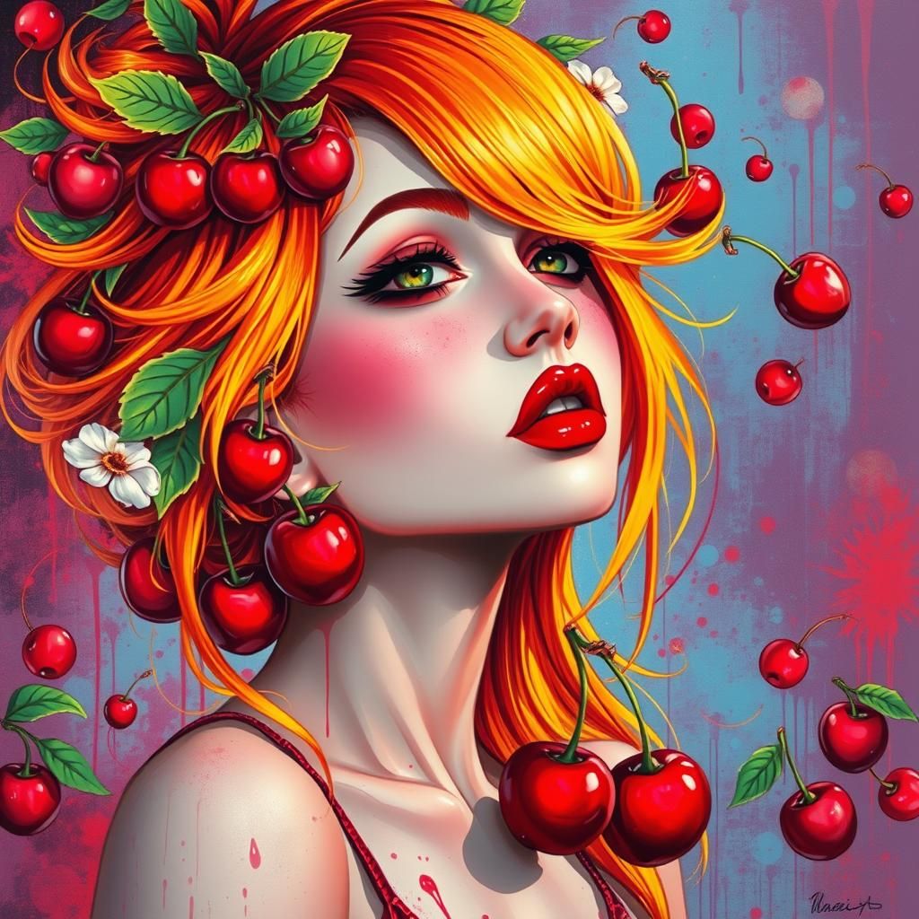 Retro-Futuristic Girl with Cherry Hair in Vaporwave Style