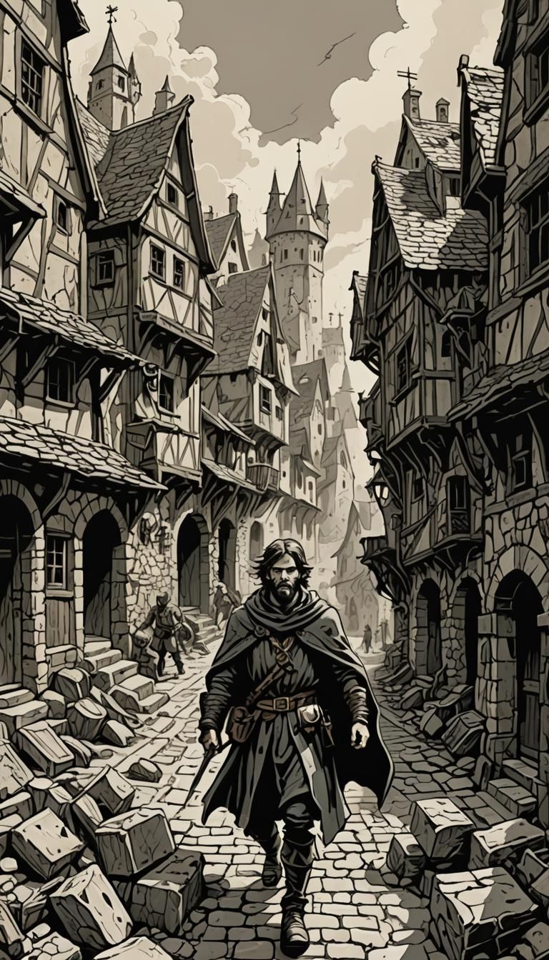 Dark Fantasy Medieval Town in 1970s Book Art Style