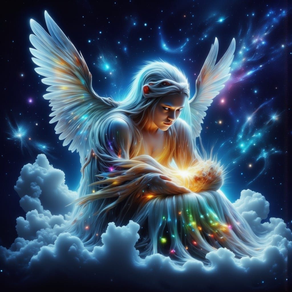Angel Cradling Soul in Cosmic Bioluminescent Sky