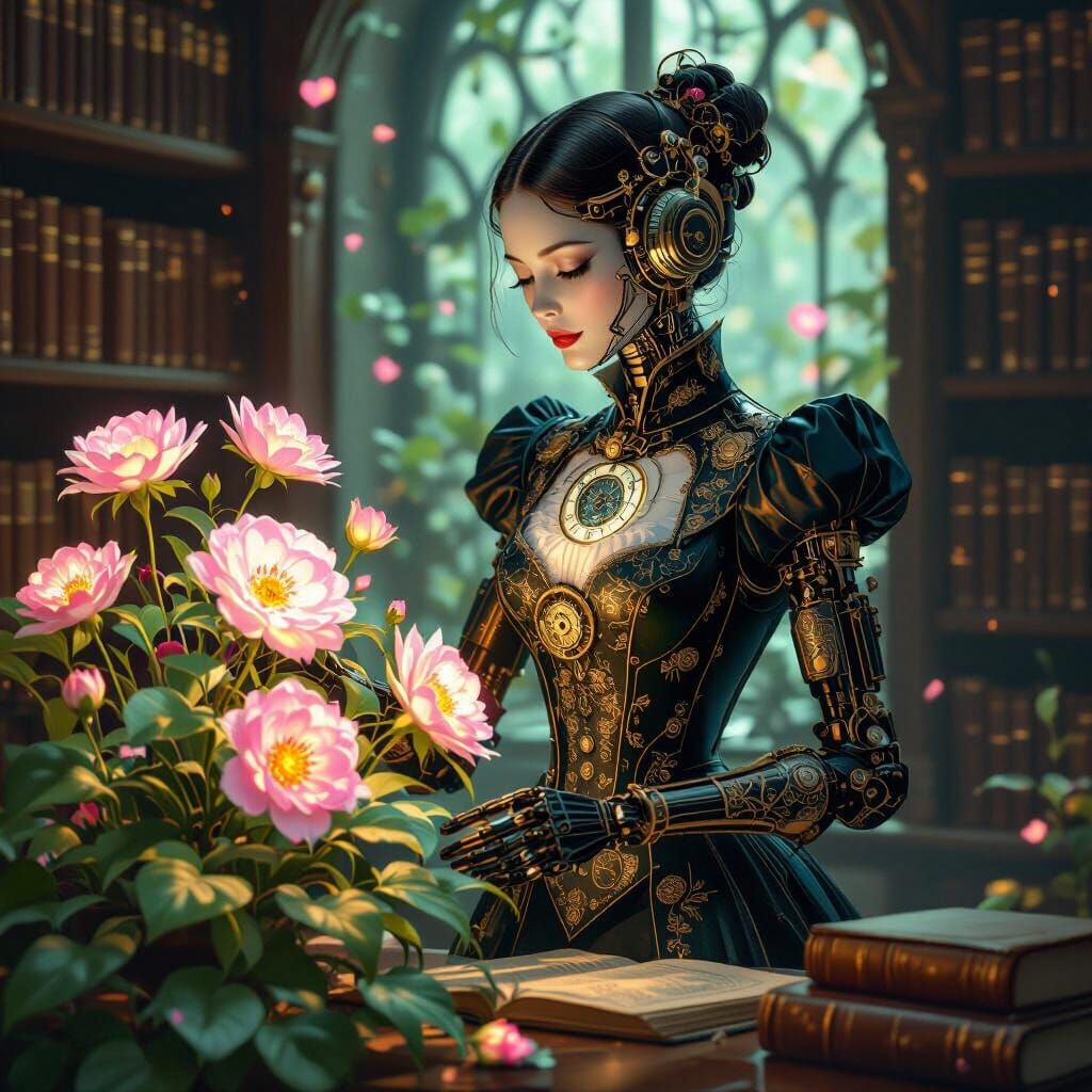 Automaton Tends Bioluminescent Flowers in Art Nouveau Librar...