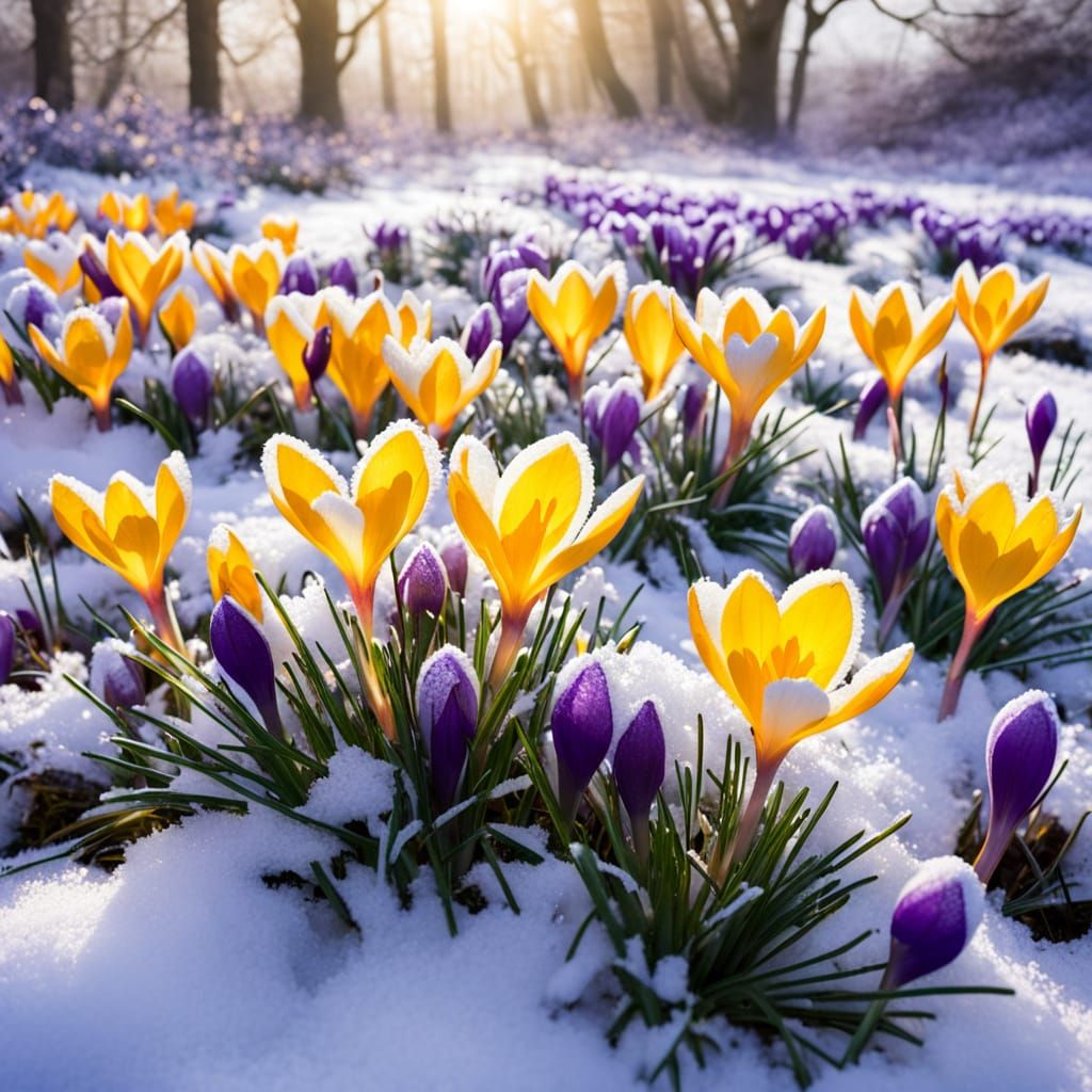 Vibrant Crocuses Emerge from Snowy Garden in Luminist Style