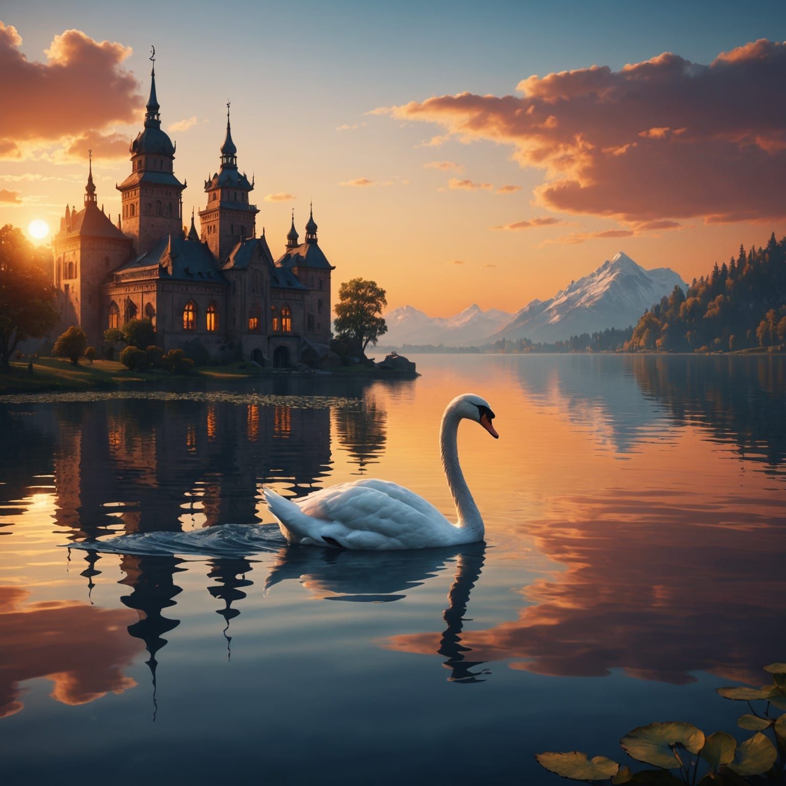 Swan on Lake at Sunset: Detailed Matte Painting