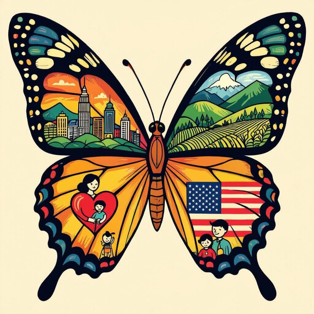 Unique Three-Winged Butterfly with Family and Landmarks