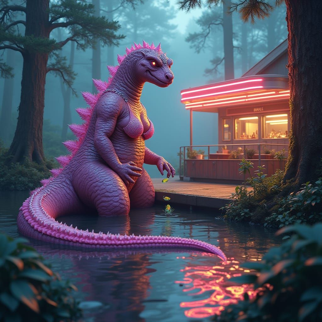 Surreal Goddess in Diner Oasis, Blending Fantasy and Nature