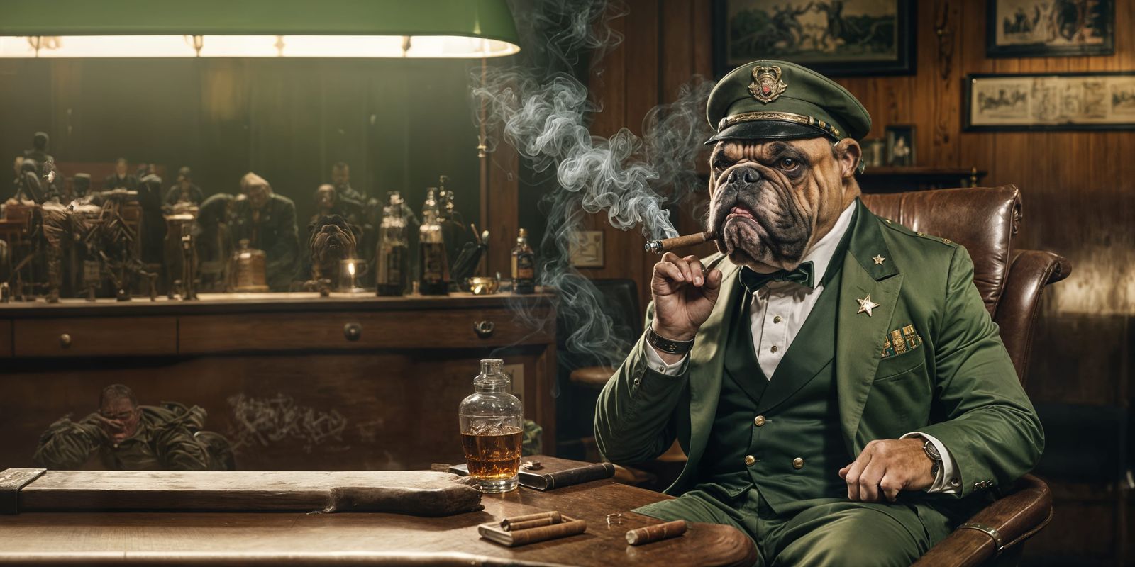 Angry Bulldog in Military Suit Smoking Cigar