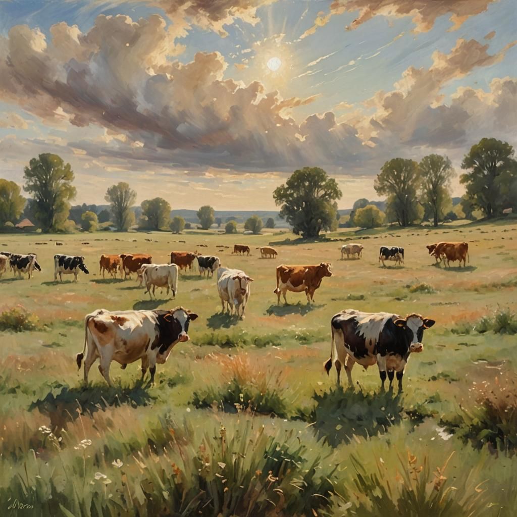 Idyllic Cows Farting in Impressionist Landscape